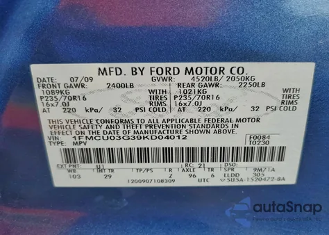 2009 Ford Escape Xlt z USA, uszkodzony, nr VIN 1FMCU03G39KD04012